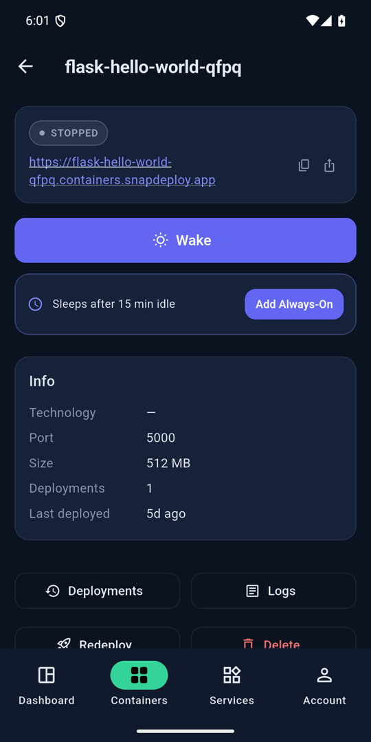 SnapDeploy for Android — container detail