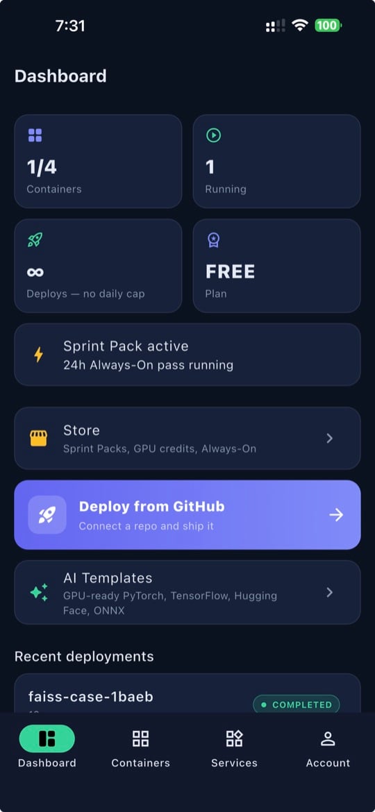 SnapDeploy for iPhone — dashboard