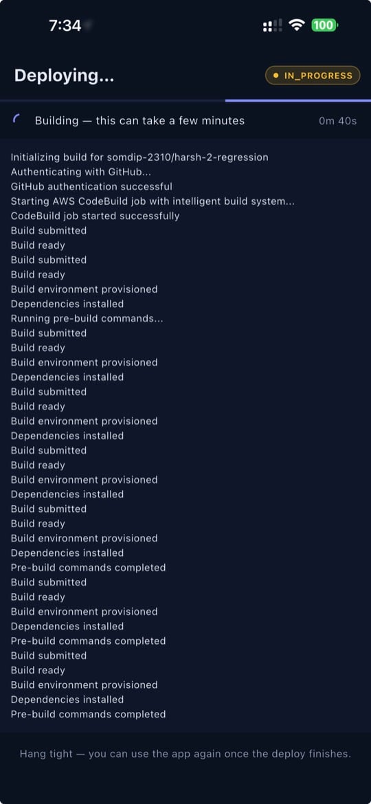 SnapDeploy for iPhone — live deploy logs
